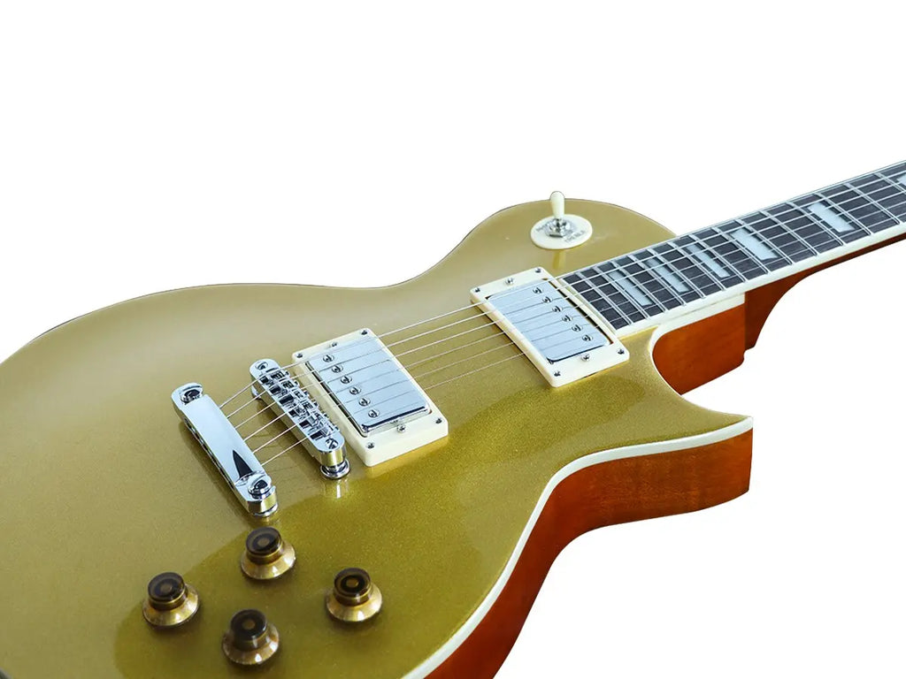 Indio 66 DLX Plus (GOLD) Electric Guitar with Mahogany Bound Body, 2x Humbuckers, and Gig Bag